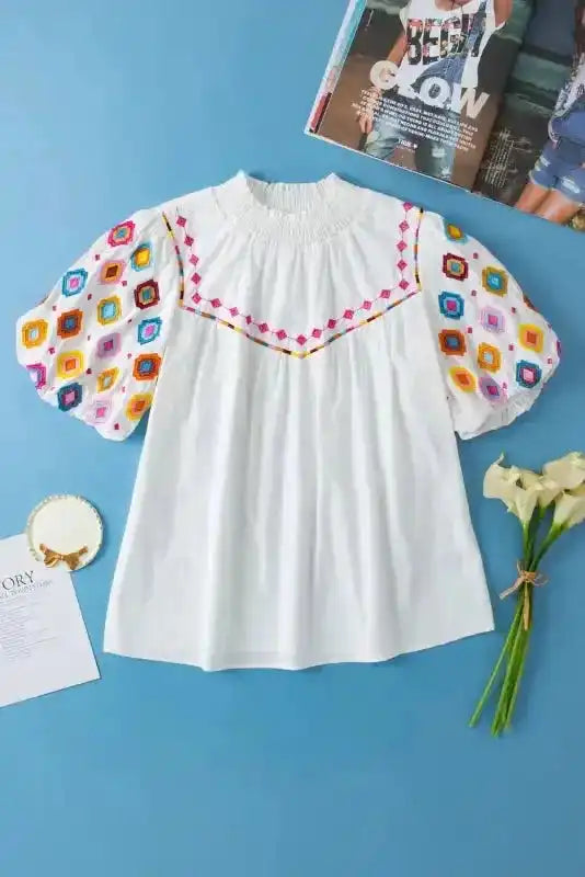 White Embroidered Smocked Neck Puff Sleeve Blouse - Fashionfitz