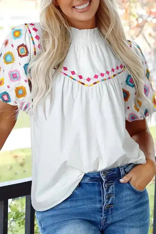 White Embroidered Smocked Neck Puff Sleeve Top - Fashionfitz