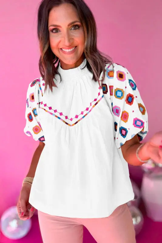 White embroidered smocked neck puff sleeve top - tops/tops & tees