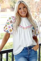 Front view of White Embroidered Smocked Neck Puff Sleeve Top - Fashionfitz