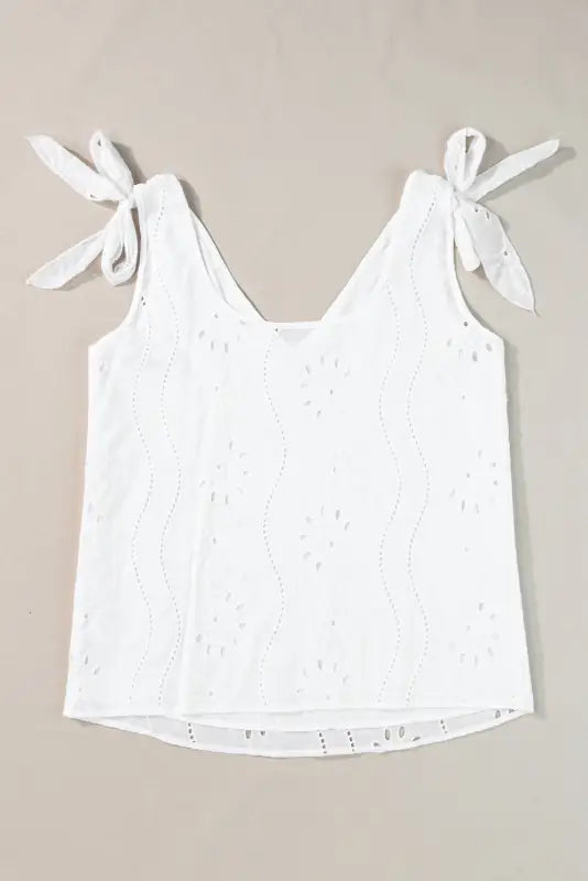 White embroidery knotted straps v neck tank top - tops/tank tops