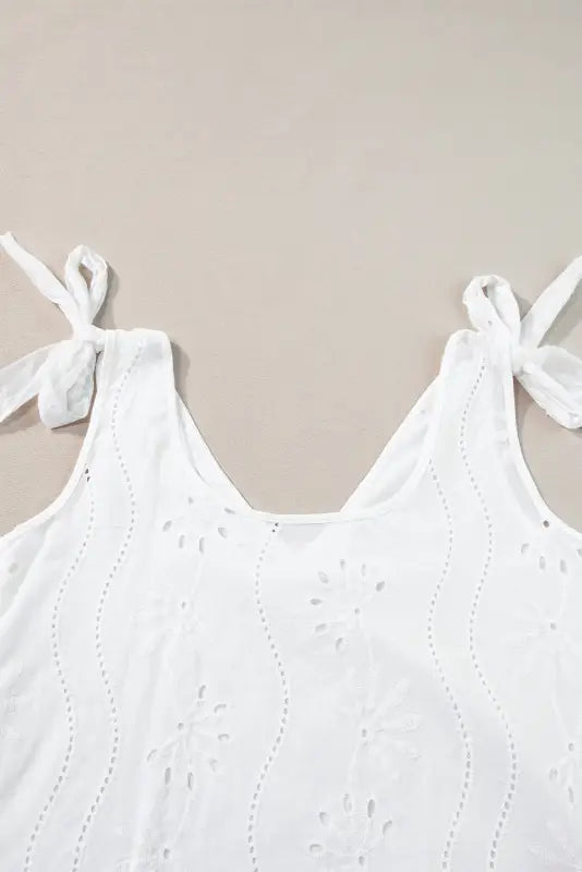 White embroidery knotted straps v neck tank top - tops/tank tops