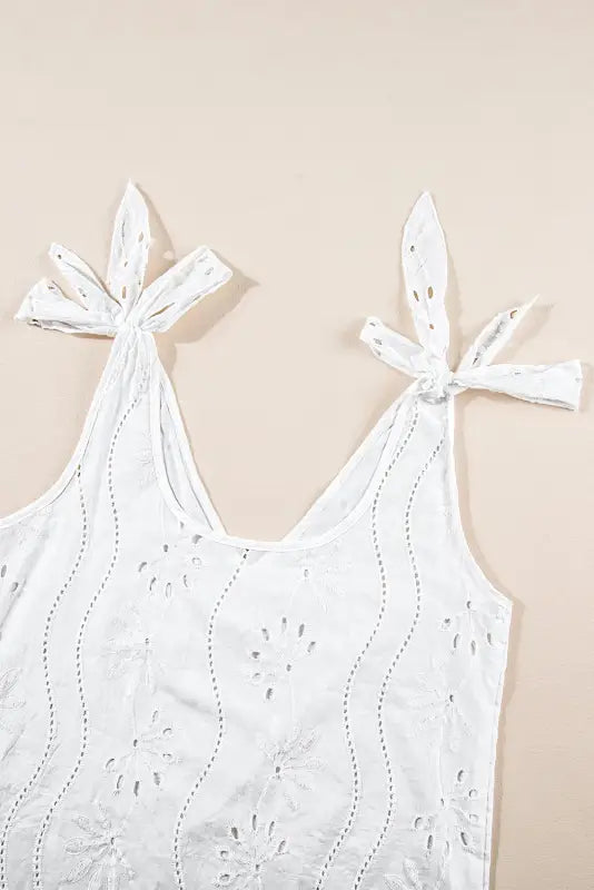 White embroidery knotted straps v neck tank top - tops/tank tops