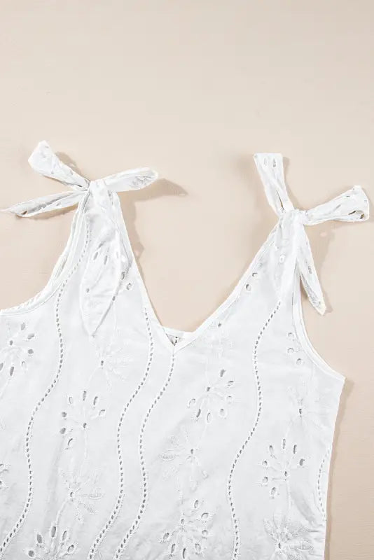 White embroidery knotted straps v neck tank top - tops/tank tops