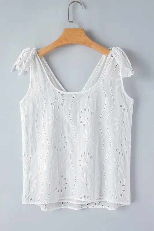 White embroidery knotted straps v neck tank top - tops/tank tops