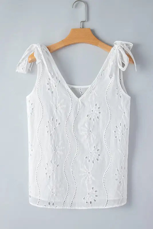 White embroidery knotted straps v neck tank top - tops/tank tops