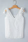 White embroidery knotted straps v neck tank top - tops/tank tops