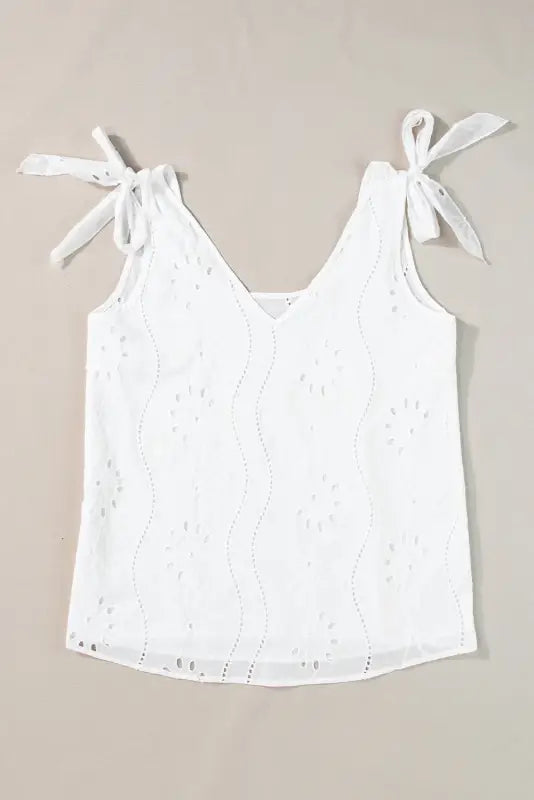 White embroidery knotted straps v neck tank top - tops/tank tops