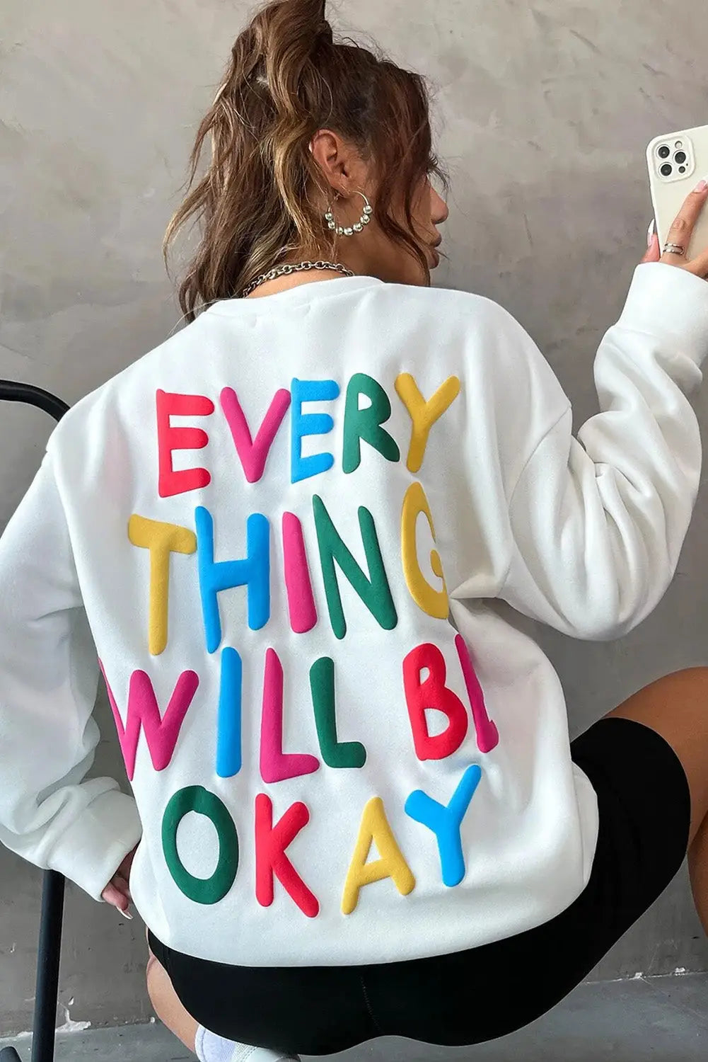 White every thing will be okay colorful letters sweatshirt - s / 50% polyester + 50% cotton - sweatshirts & hoodies