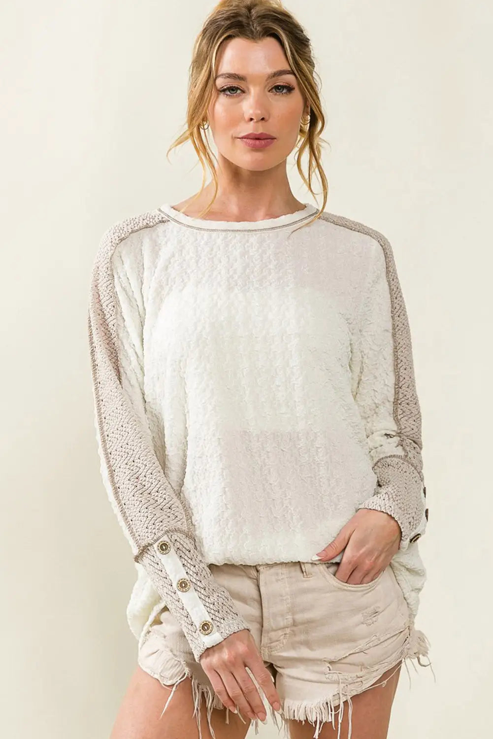 White exposed seam textured patch buttoned sleeve top - tops