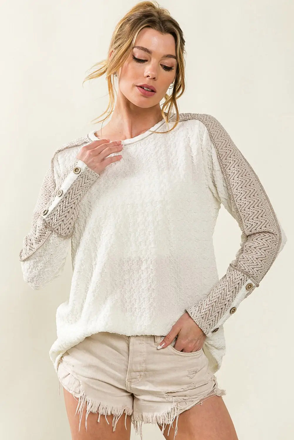 White exposed seam textured patch buttoned sleeve top - tops