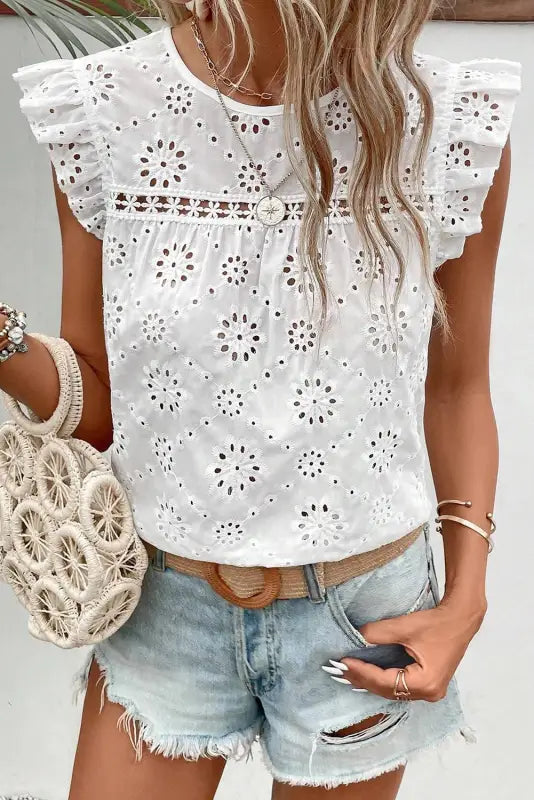 White eyelet embroidered flutter sleeve blouse - s / 100% cotton - tops/blouses & shirts