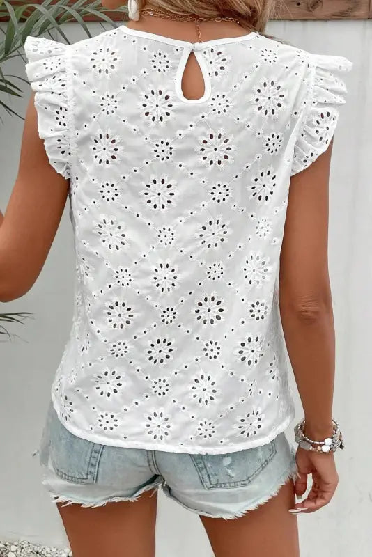 White eyelet embroidered flutter sleeve blouse - tops/blouses & shirts