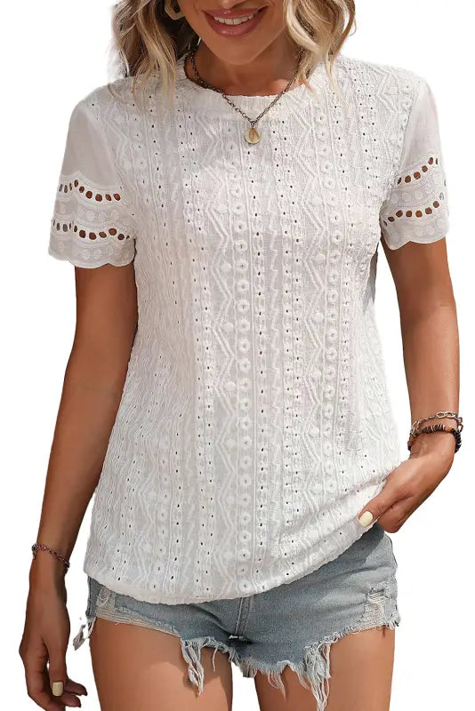 White eyelet embroidery scalloped short sleeve top - t-shirts