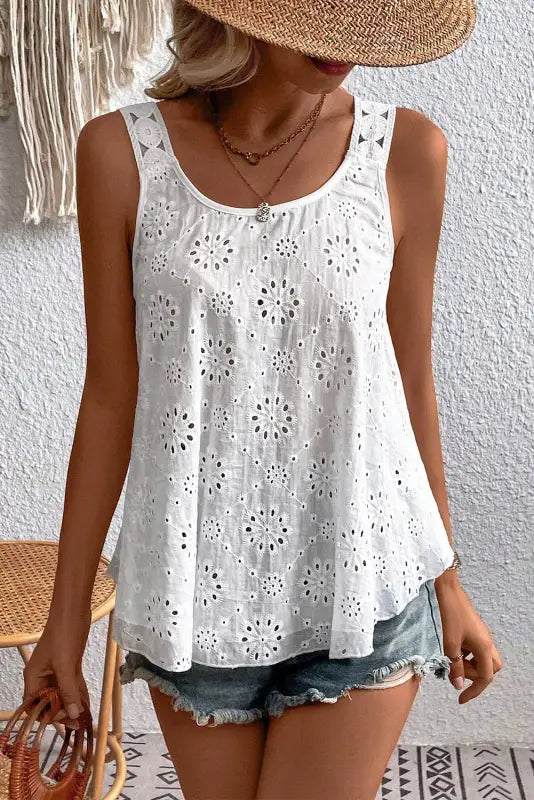 White eyelet embroidery tank top - tops/tank tops