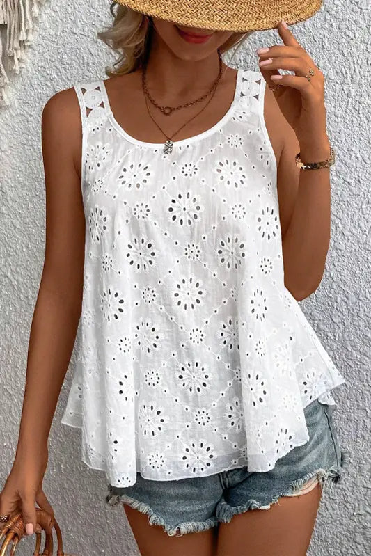 White eyelet embroidery tank top - s / 100% cotton - tops/tank tops