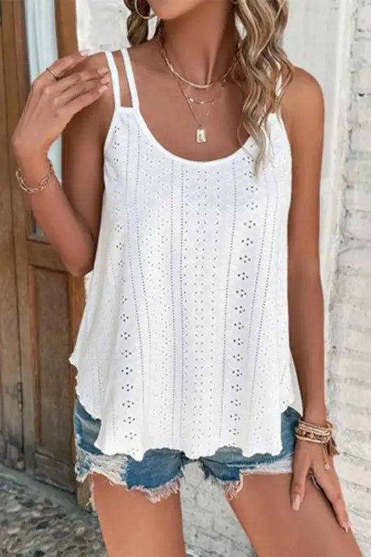 White eyelet strappy scoop-neck tank top - s / 95% polyester + 5% elastane - tops