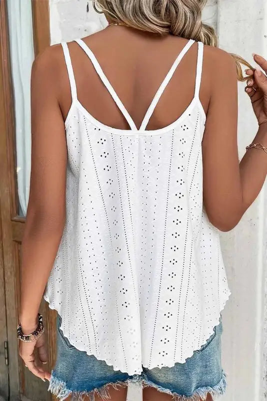 White eyelet strappy scoop - neck tank top