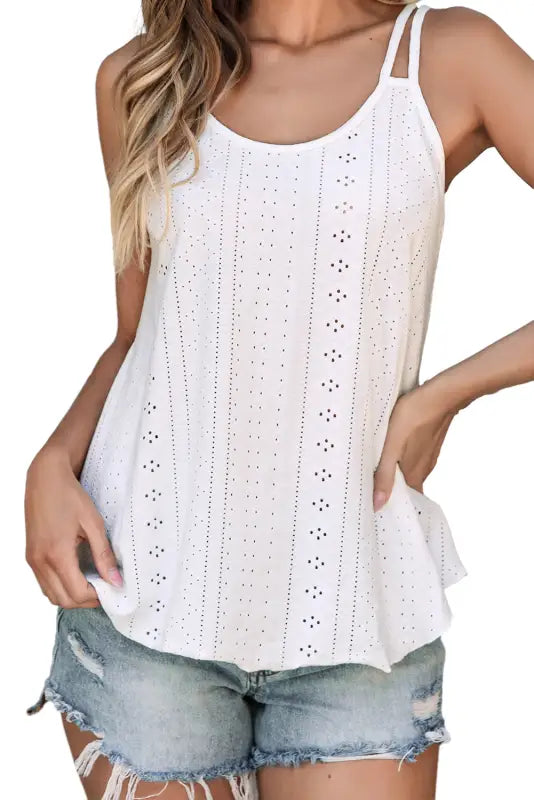 White eyelet strappy scoop - neck tank top