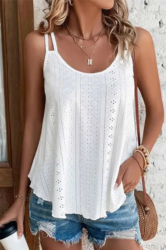 White eyelet strappy scoop - neck tank top