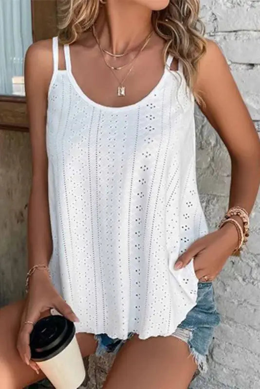 White eyelet strappy scoop - neck tank top