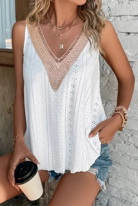 White eyelet strappy scoop - neck tank top