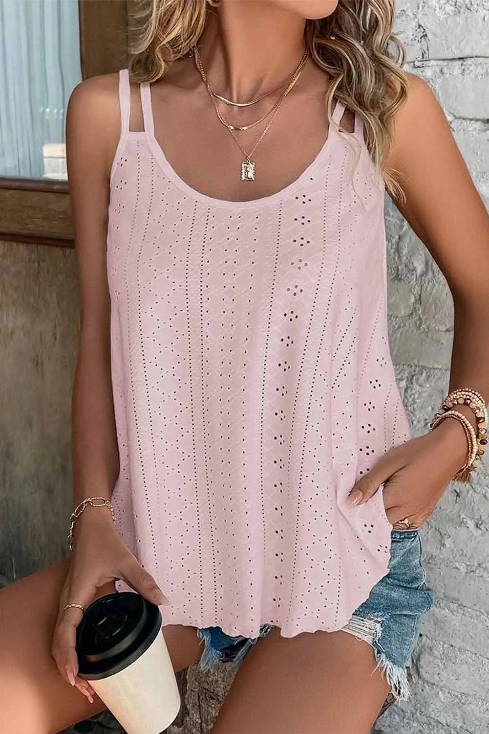 White eyelet strappy scoop-neck tank top - pink / s / 95% polyester + 5% elastane - tops