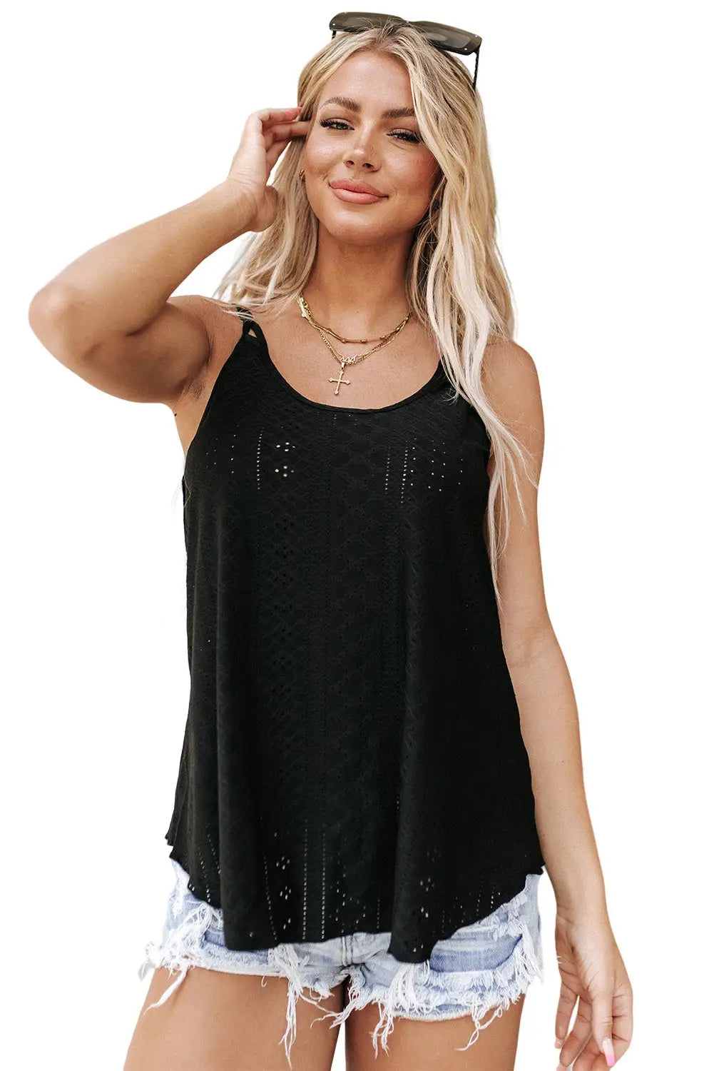 White eyelet strappy scoop-neck tank top - tops