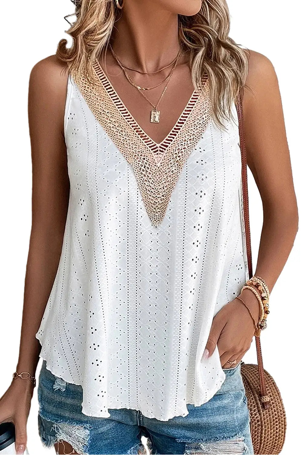 White eyelet strappy scoop-neck tank top - tops