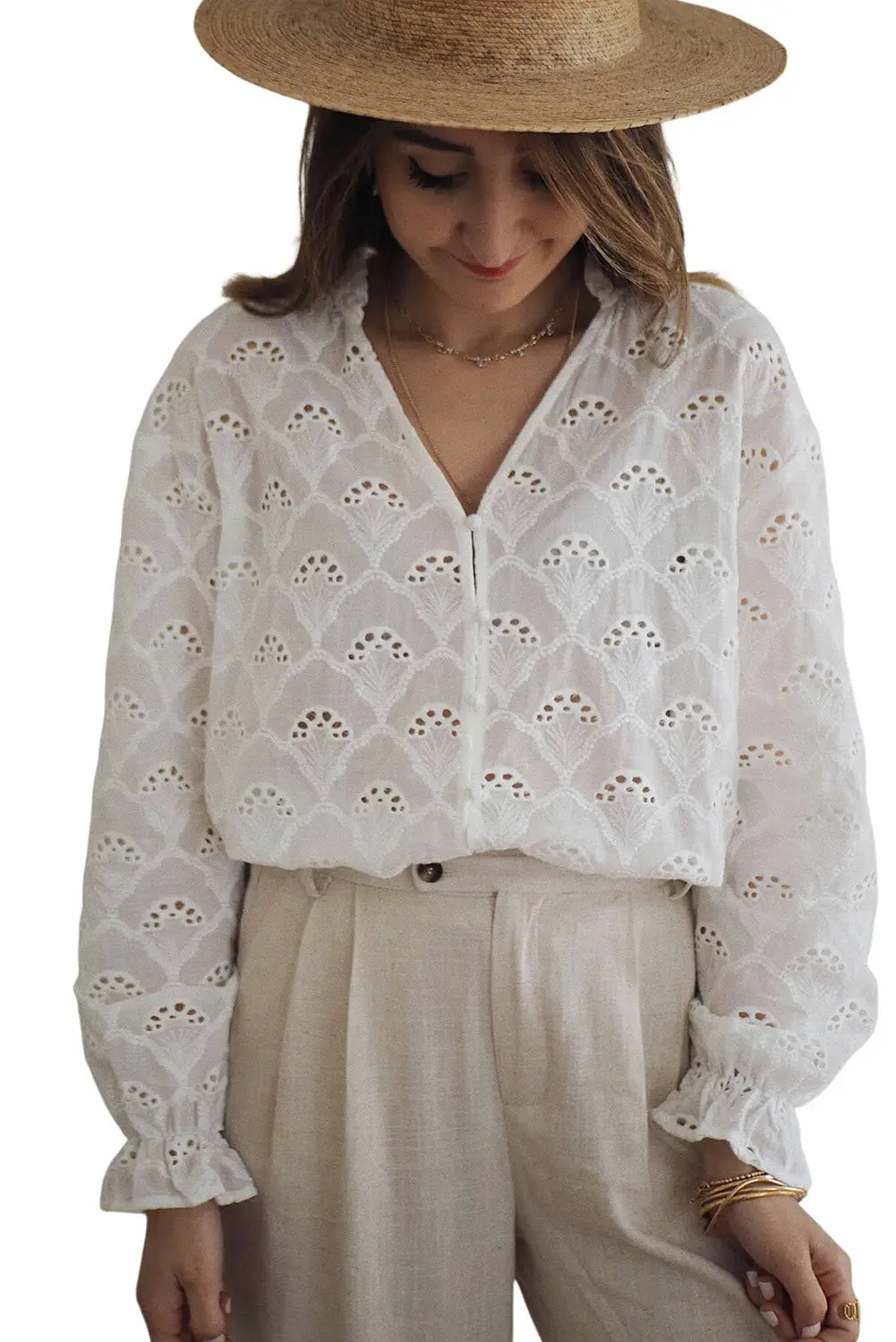 White fanshaped lace hollow out split neck puff sleeve blouse - tops