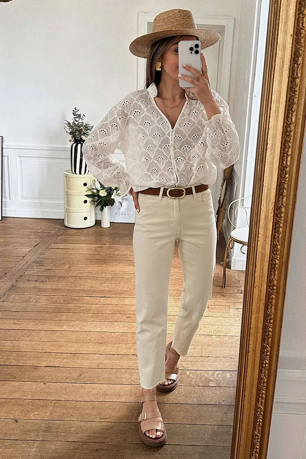 White fanshaped lace hollow out split neck puff sleeve blouse - tops