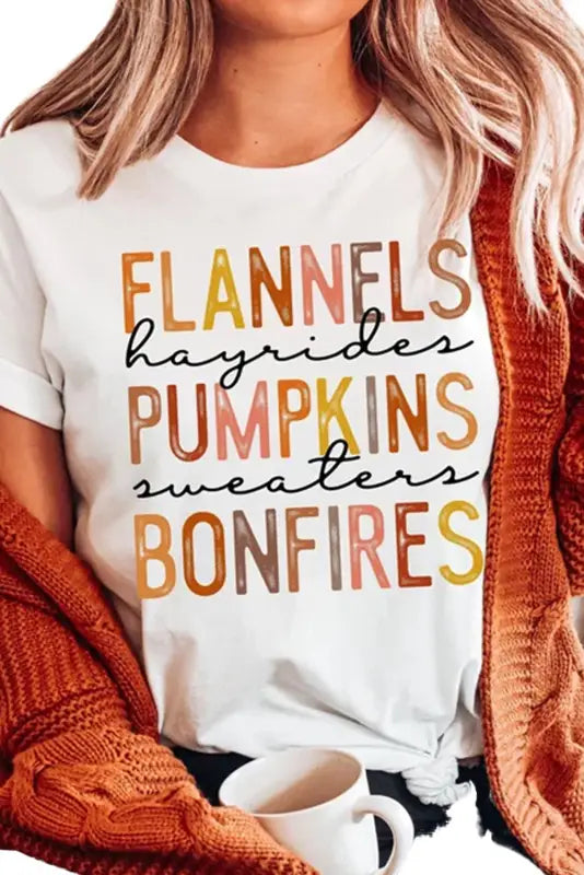 White flannels hayrides pumpkins sweaters bonfires graphic tee