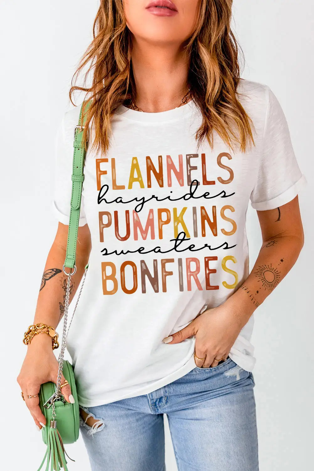 White flannels hayrides pumpkins sweaters bonfires graphic tee