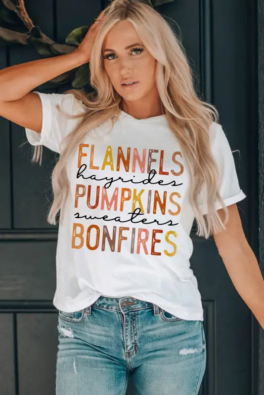 White flannels hayrides pumpkins sweaters bonfires graphic tee