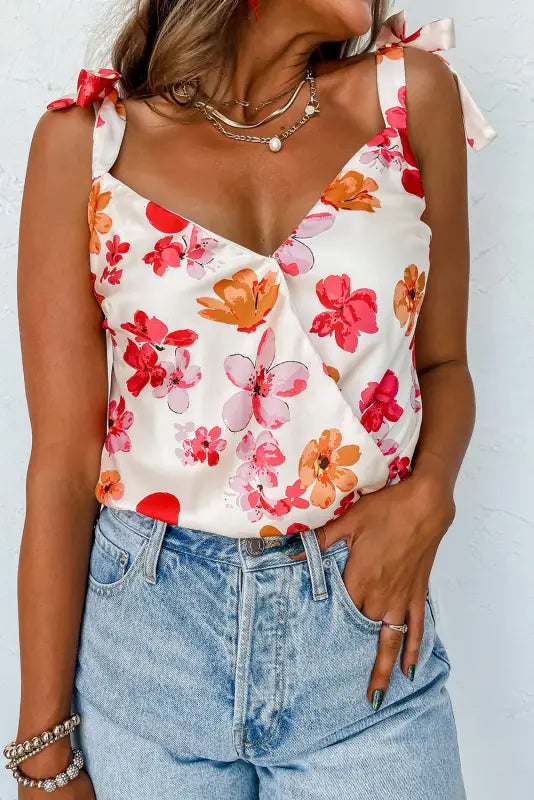 White floral bodysuit - button wrap sleeveless - s / 97% polyester + 3% elastane - bodysuits