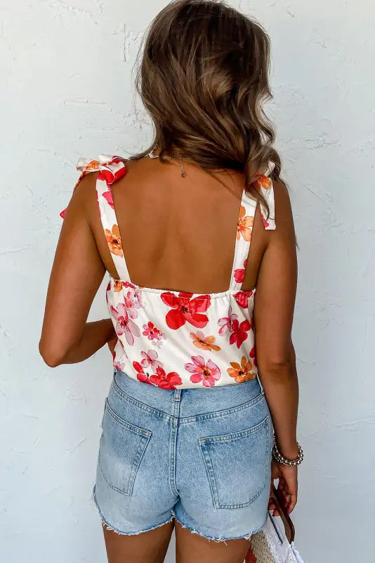 White floral bodysuit - button wrap sleeveless - bodysuits