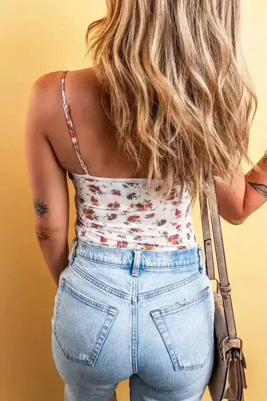 White Floral Bodysuit - V Cut Frilled Trim Spaghetti Straps - Fashionfitz