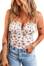 White Floral Bodysuit - V Cut Frilled Trim Spaghetti Straps - Fashionfitz