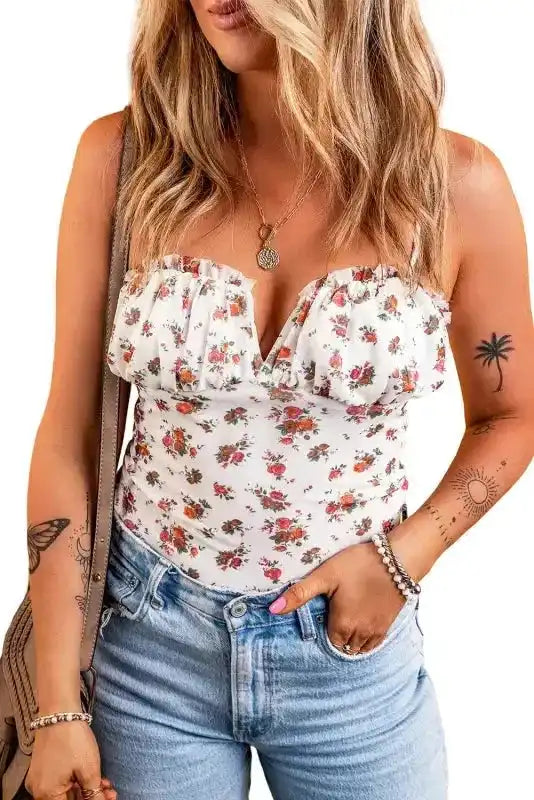 White Floral Bodysuit - V Cut Frilled Trim Spaghetti Straps - Fashionfitz