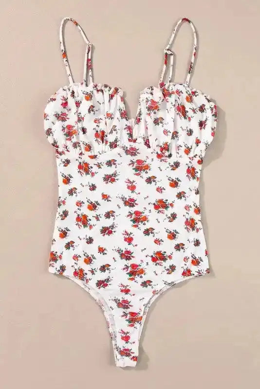 White Floral Bodysuit - V Cut Frilled Trim Spaghetti Straps - Fashionfitz