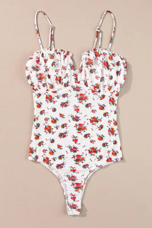 White floral bodysuit - v cut frilled trim spaghetti straps - bodysuits