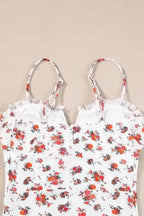 White Floral Bodysuit - V Cut Frilled Trim Spaghetti Straps - Fashionfitz