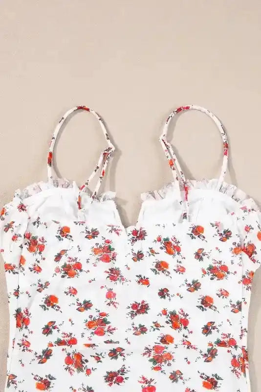 White Floral Bodysuit - V Cut Frilled Trim Spaghetti Straps - Fashionfitz