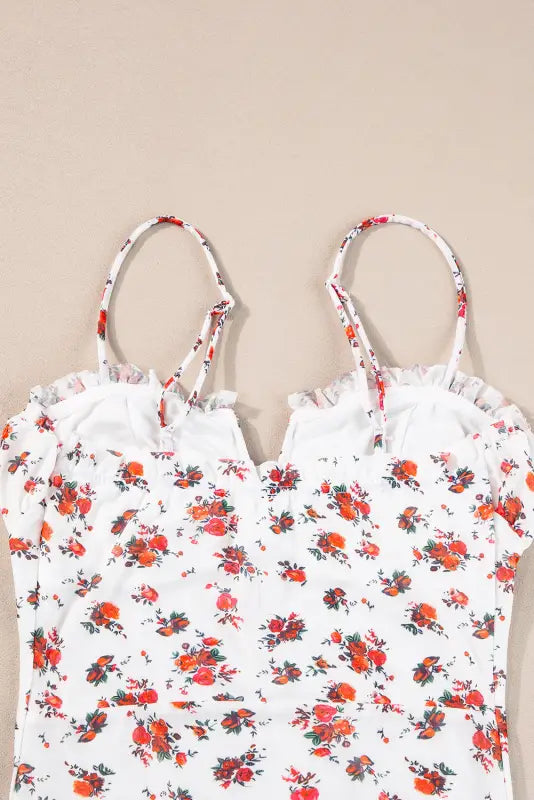 White floral bodysuit - v cut frilled trim spaghetti straps - bodysuits