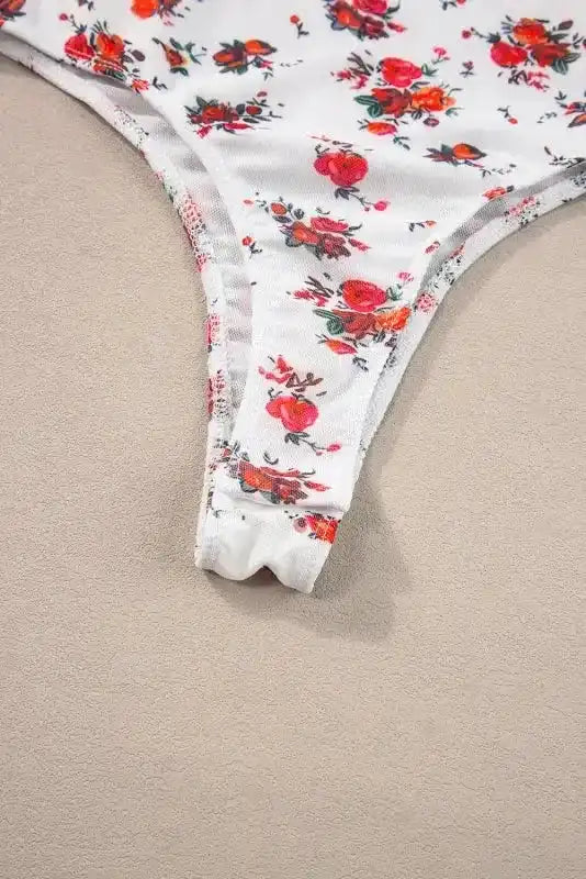 White Floral Bodysuit - V Cut Frilled Trim Spaghetti Straps - Fashionfitz