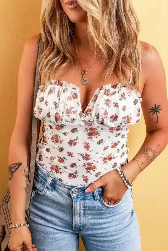 White floral V-cut frilled trim spaghetti strap bodysuit front view — Fashionfitz UK