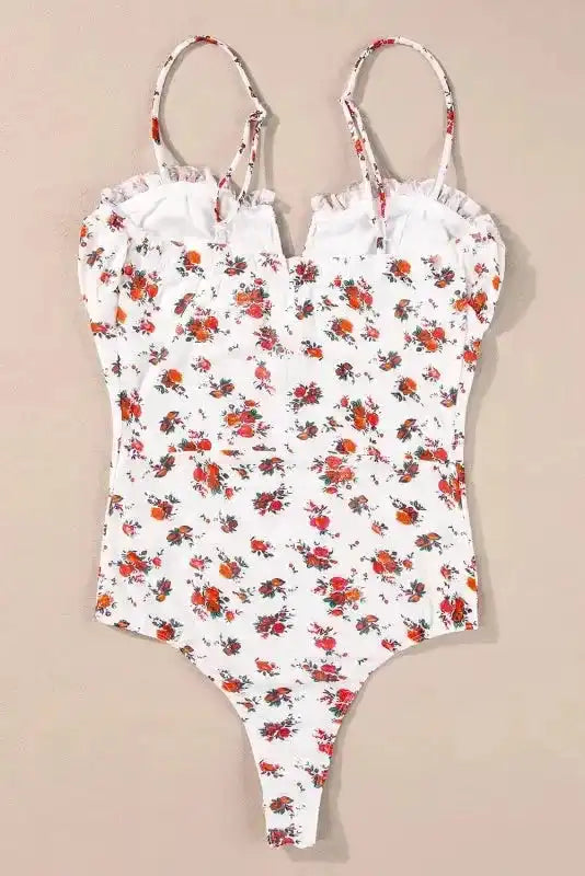 White Floral Bodysuit - V Cut Frilled Trim Spaghetti Straps - Fashionfitz