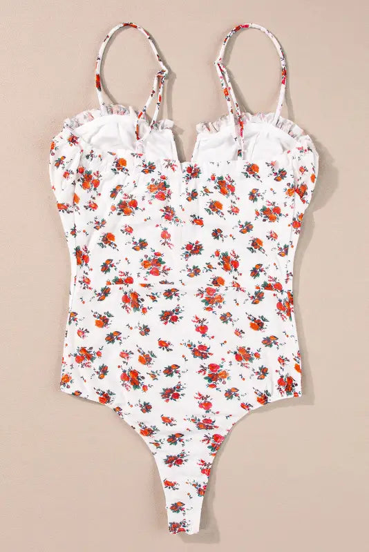 White floral bodysuit - v cut frilled trim spaghetti straps - bodysuits