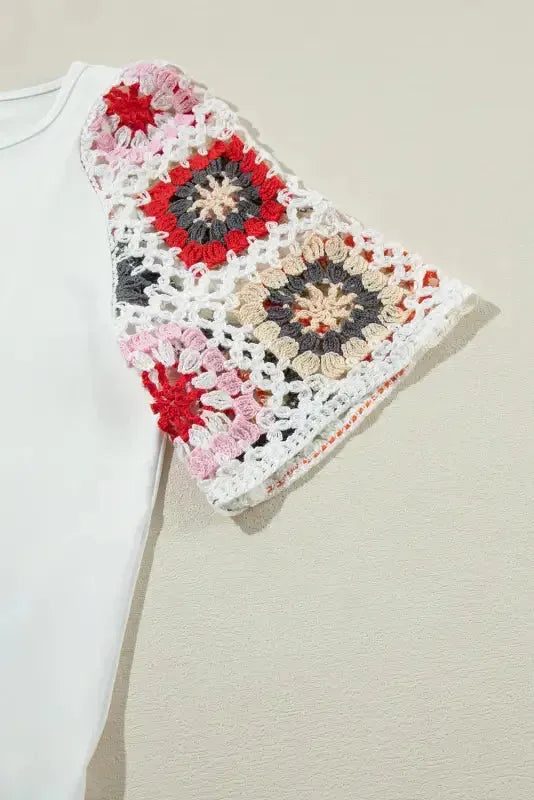 White Floral Crochet Short Sleeve Top - Fashionfitz