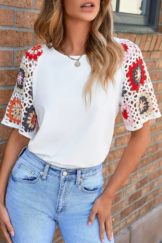 White floral crochet short sleeve top - tops/tops & tees